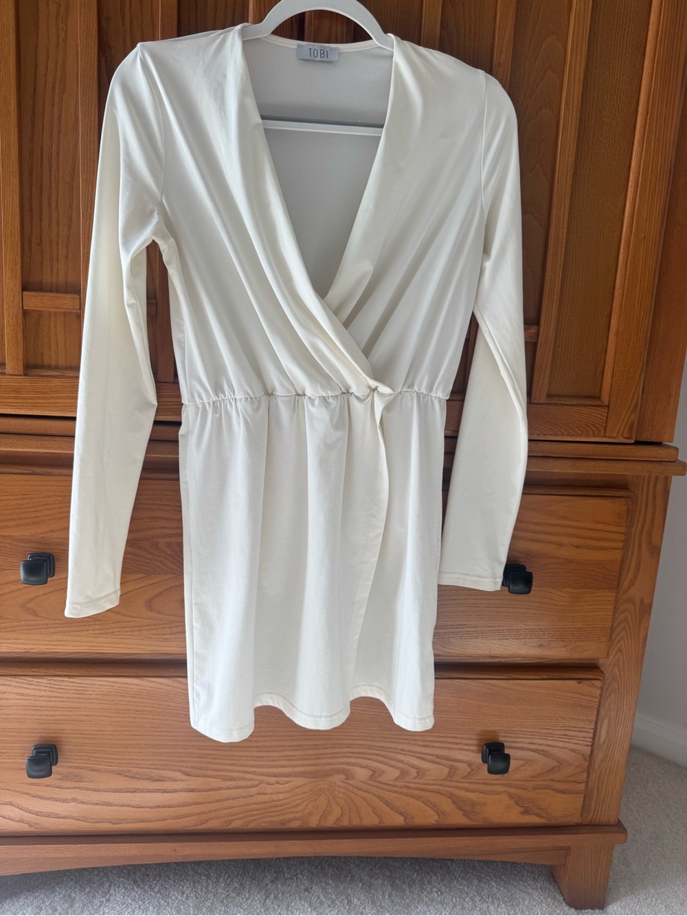 Tobi Cream Surplice Long Sleeve Mini Dress